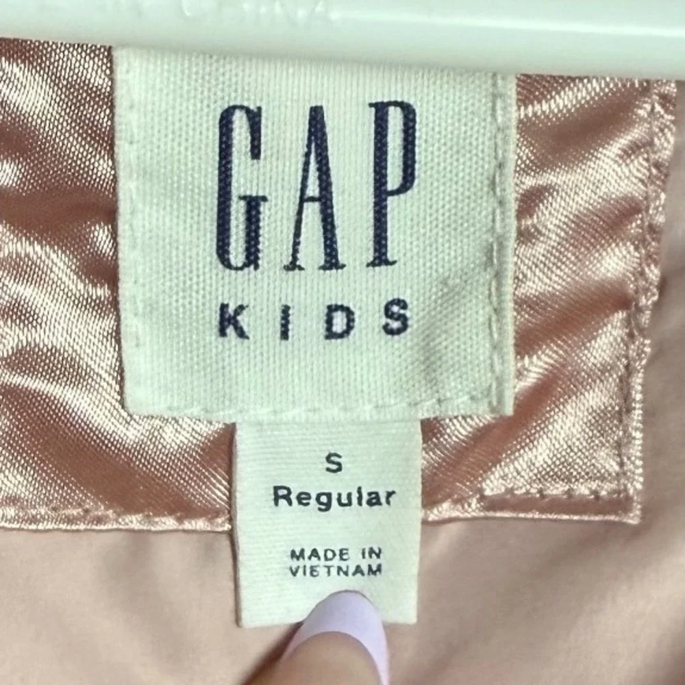 GAP Kids Rose Gold Satin Quilted Bomber Jacket Floral Embroidered Puffer, Small